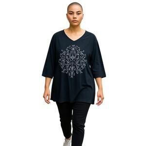 Catherines Womens V-Neck Top 2X Black Silver Foil Floral Script Cotton Tee